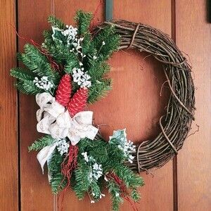 Hand Crafted Grapevine Christmas Wreath, Greenery, Ribbon and Ornaments 18"
